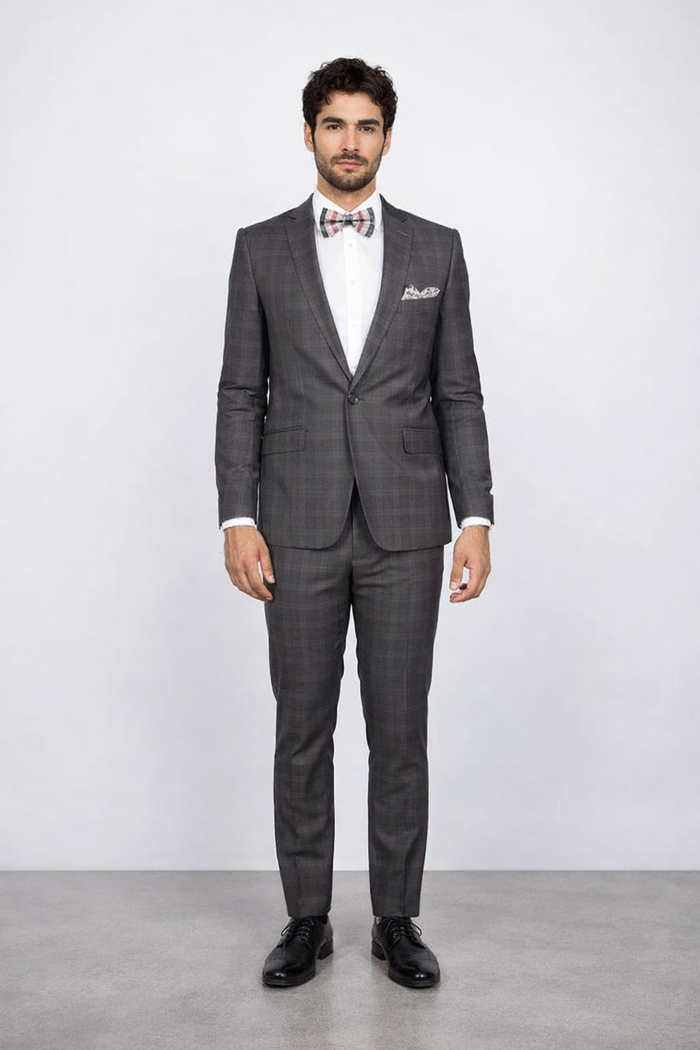 Mens Slim Fit Charcoal Plaid Suit by Rossiman Rossi 1-Button Jacket & Tapered Pants