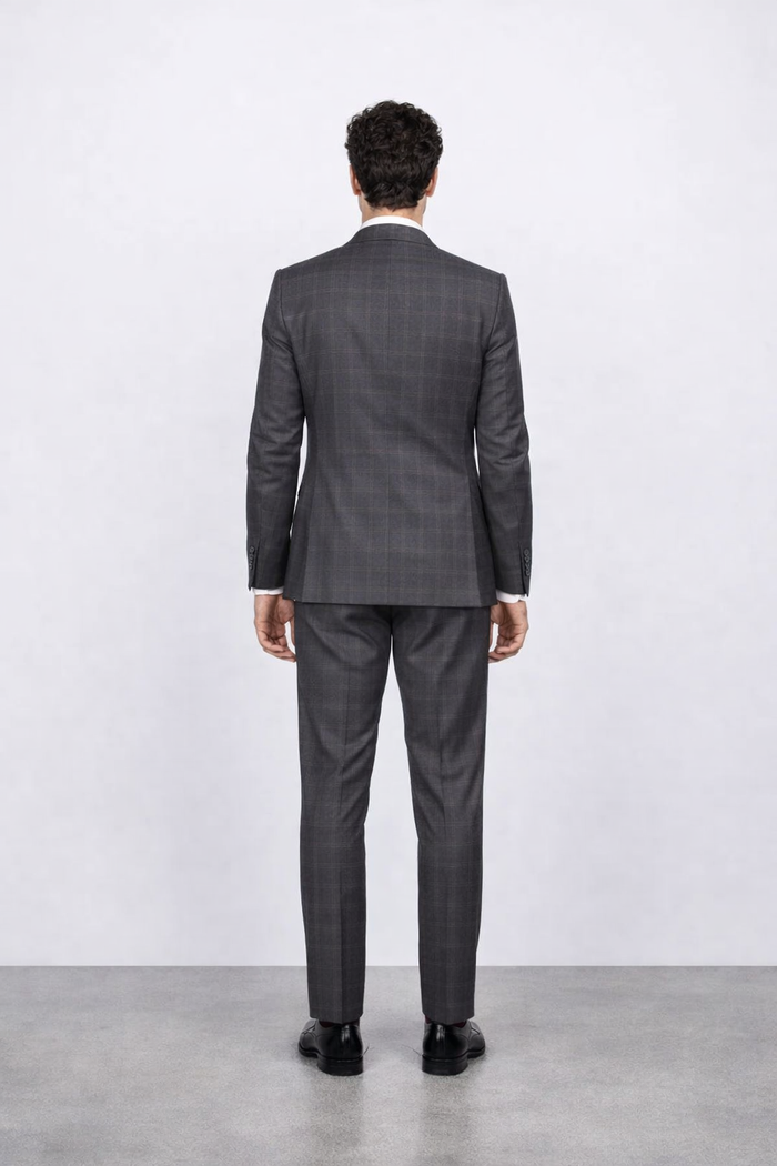 Mens Slim Fit Charcoal Plaid Suit by Rossiman Rossi 1-Button Jacket & Tapered Pants