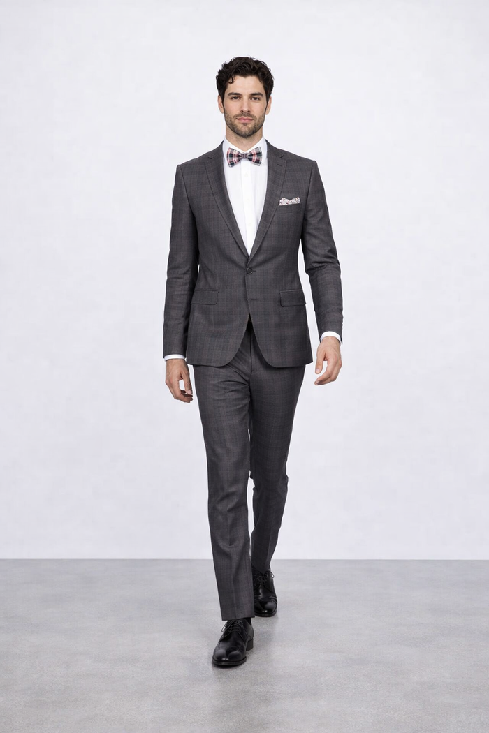 Mens Slim Fit Charcoal Plaid Suit by Rossiman Rossi 1-Button Jacket & Tapered Pants