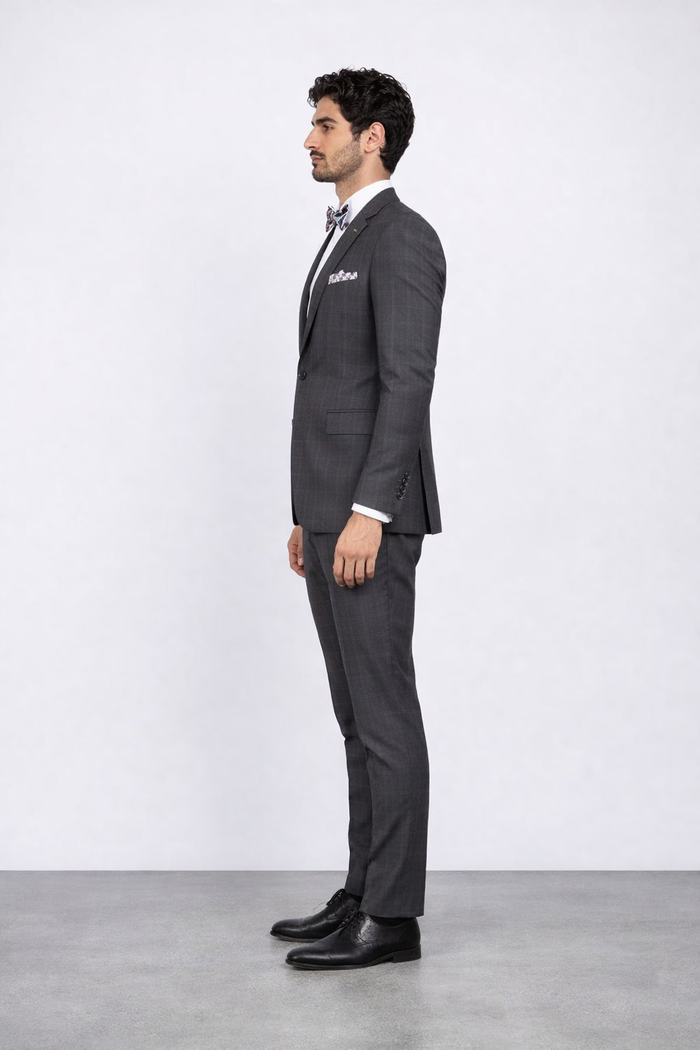 Mens Slim Fit Charcoal Plaid Suit by Rossiman Rossi 1-Button Jacket & Tapered Pants