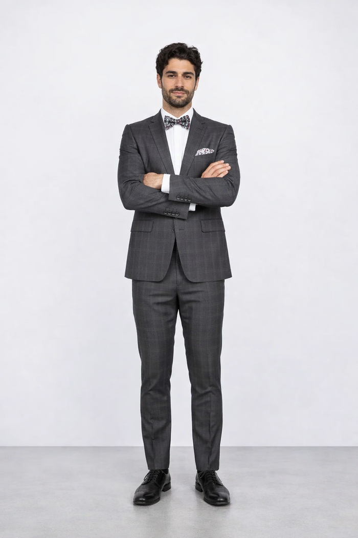 Mens Slim Fit Charcoal Plaid Suit by Rossiman Rossi 1-Button Jacket & Tapered Pants