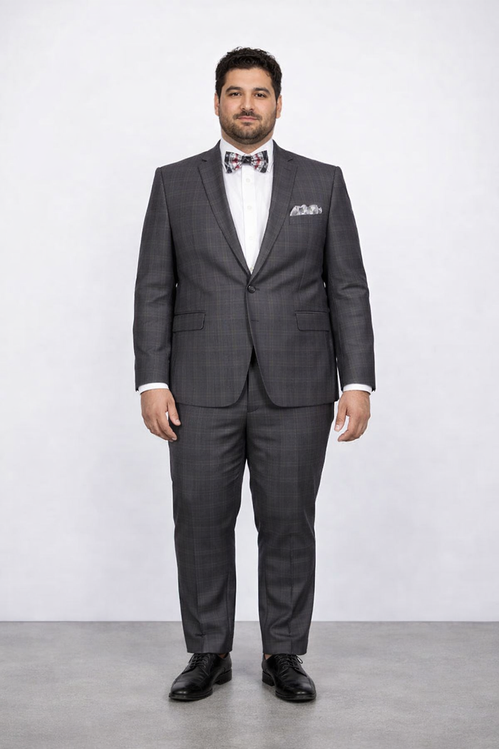 Mens Slim Fit Charcoal Plaid Suit by Rossiman Rossi 1-Button Jacket & Tapered Pants