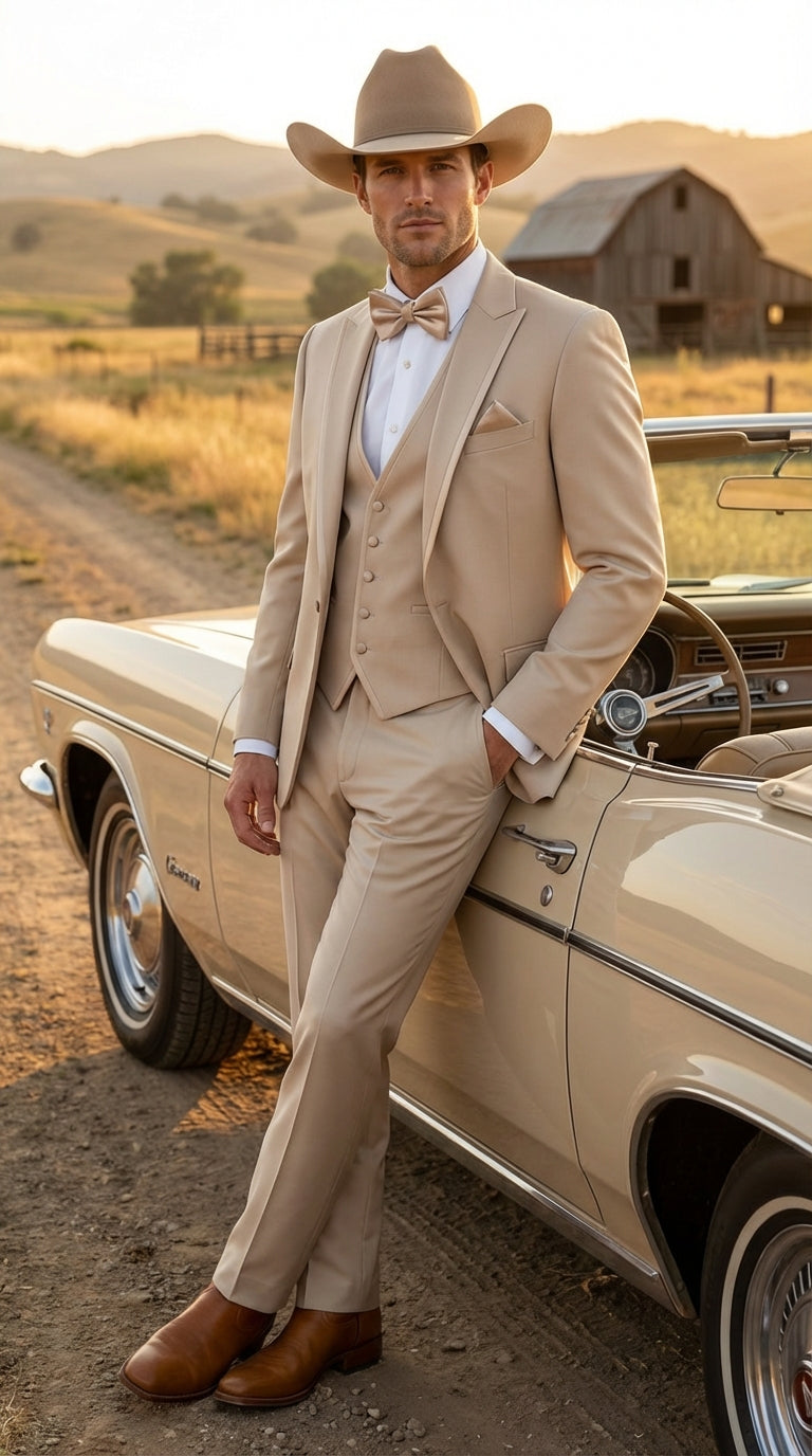 Men’s Tan Cowboy Three Piece Suit – Western Style Wedding and Formal Vested Suit