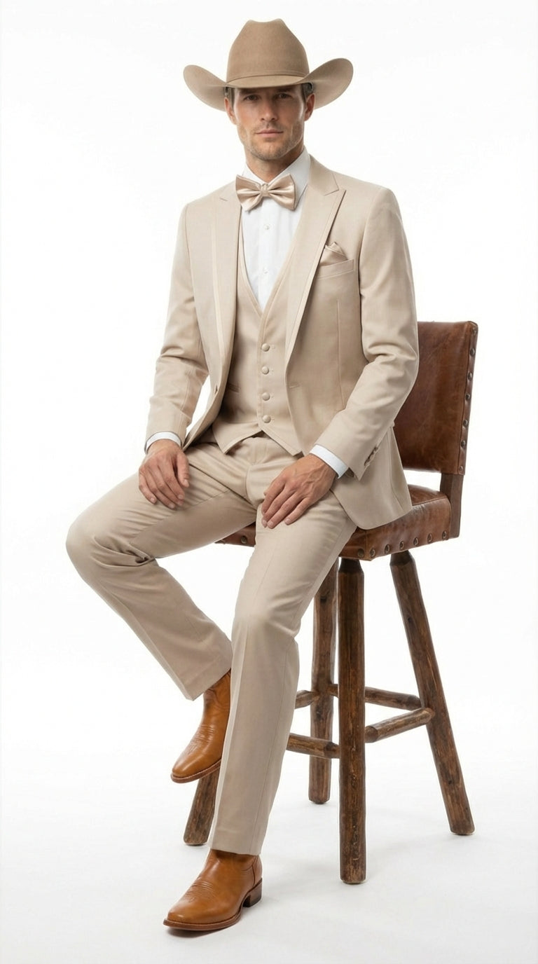 Men’s Tan Cowboy Three Piece Suit – Western Style Wedding and Formal Vested Suit