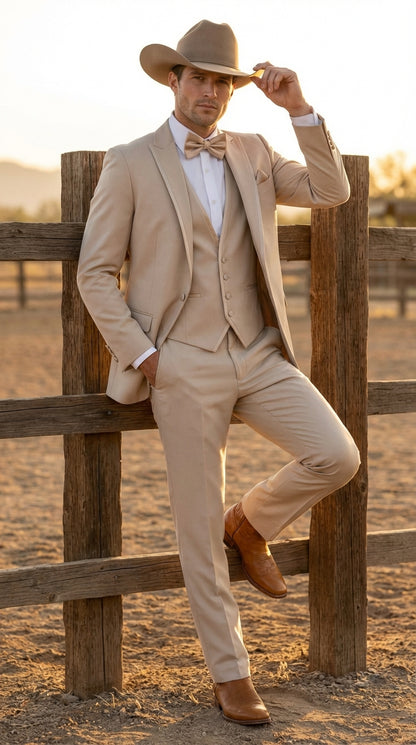 Men’s Tan Cowboy Three Piece Suit – Western Style Wedding and Formal Vested Suit