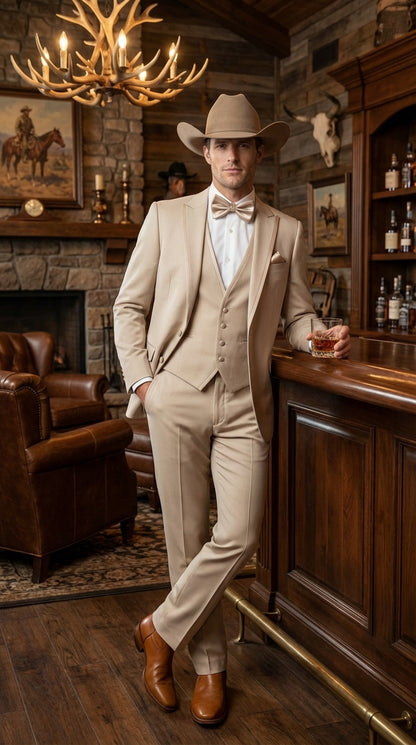 Men’s Tan Cowboy Three Piece Suit – Western Style Wedding and Formal Vested Suit