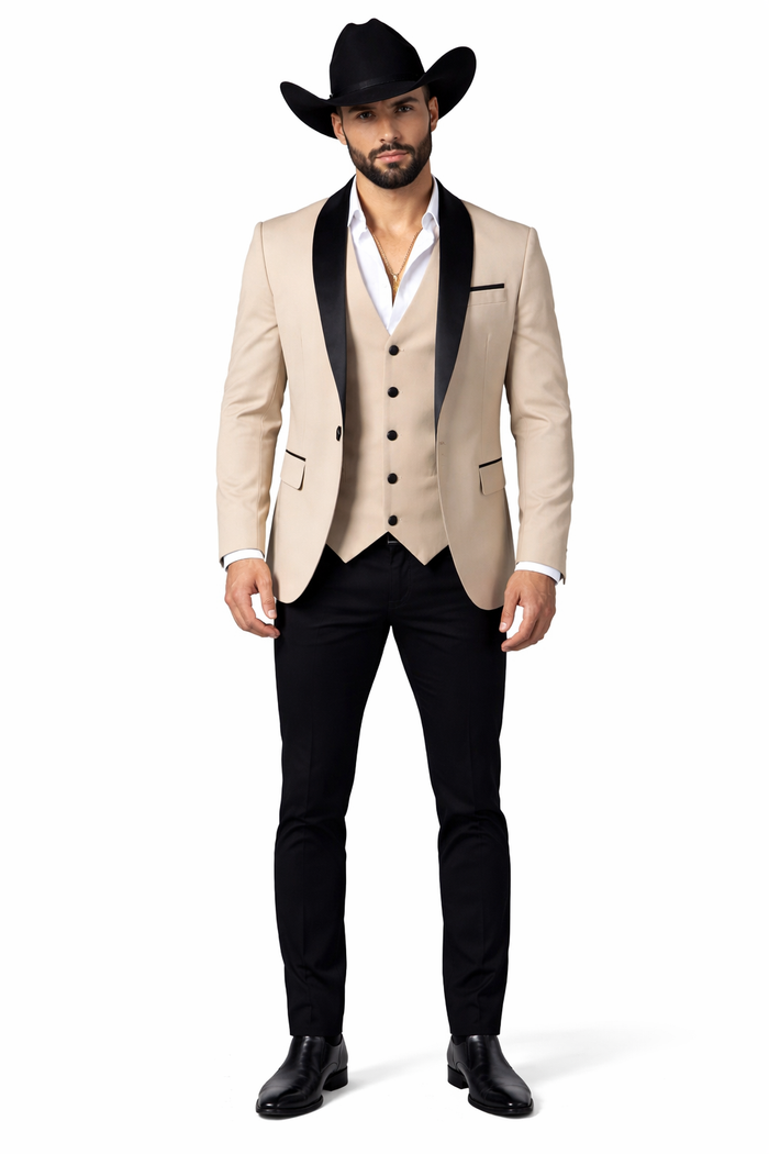 Men's Tan Three-Piece Suit with Black Collar