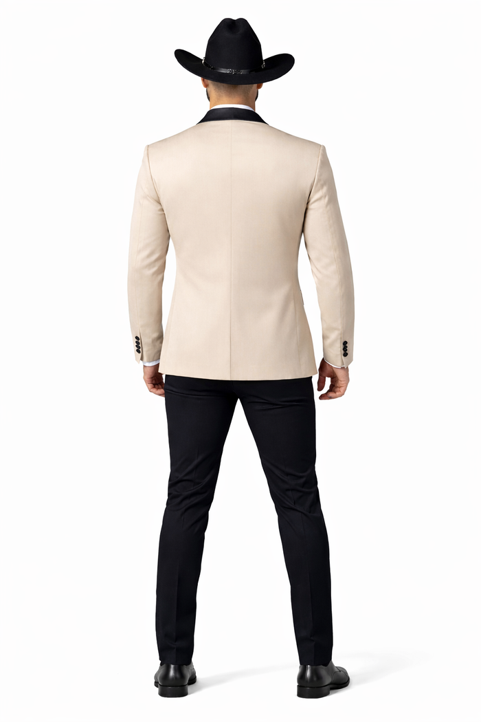 Men's Tan Three-Piece Suit with Black Collar