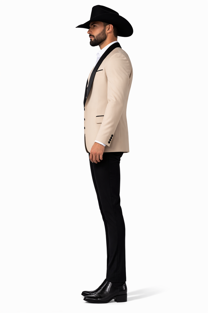 Men's Tan Three-Piece Suit with Black Collar