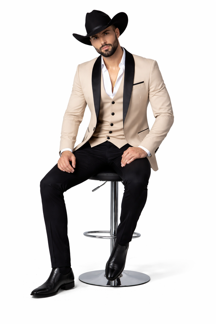 Men's Tan Three-Piece Suit with Black Collar