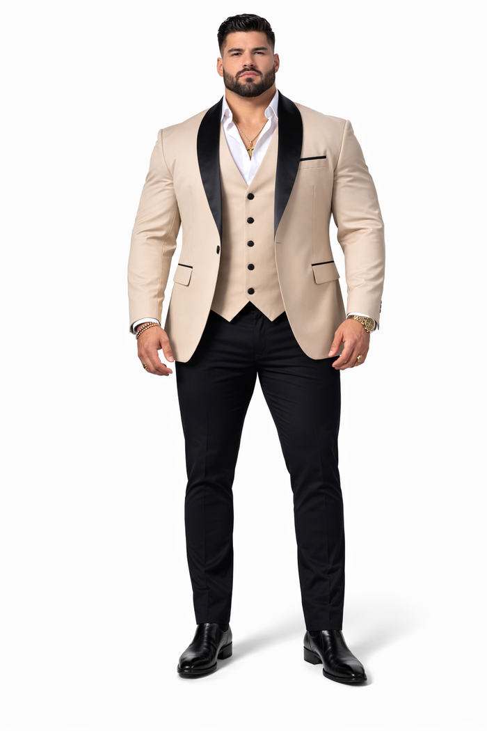 Men's Tan Three-Piece Suit with Black Collar