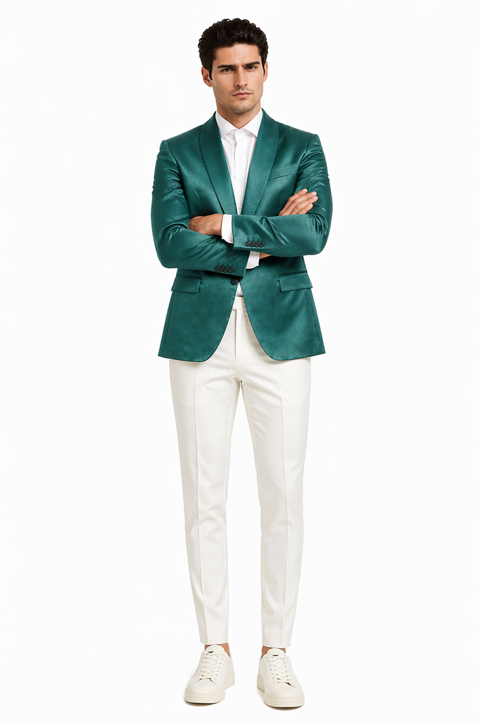 Mens Teal Green Floral Jacquard Blazer  Slim Fit Tuxedo Jacket for Weddings, Proms, and Parties