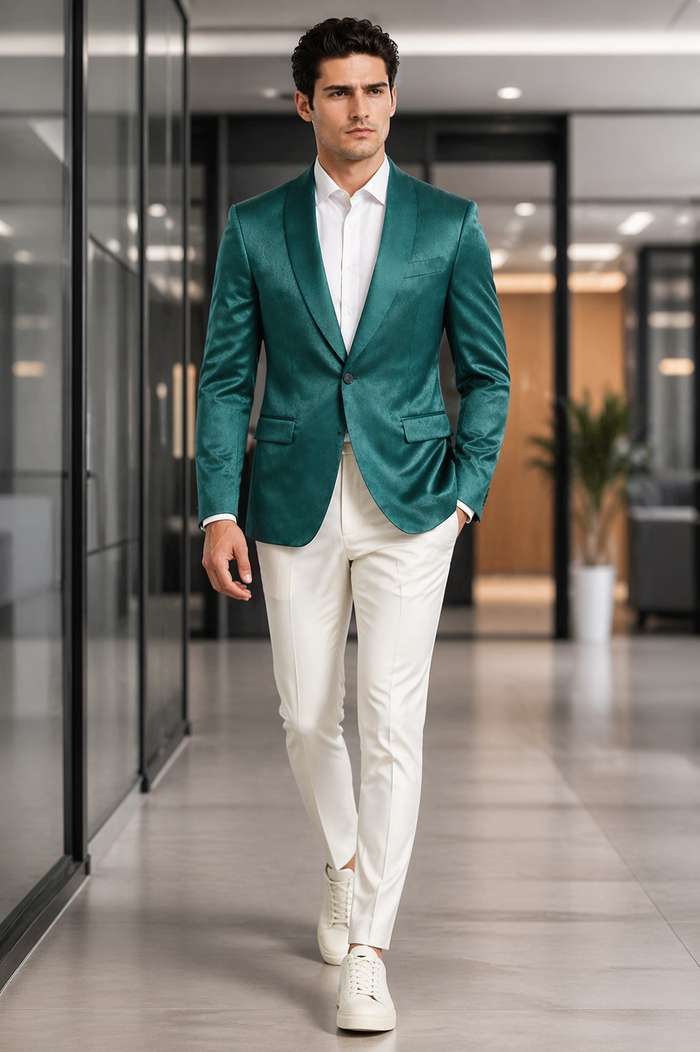 Mens Teal Green Floral Jacquard Blazer  Slim Fit Tuxedo Jacket for Weddings, Proms, and Parties