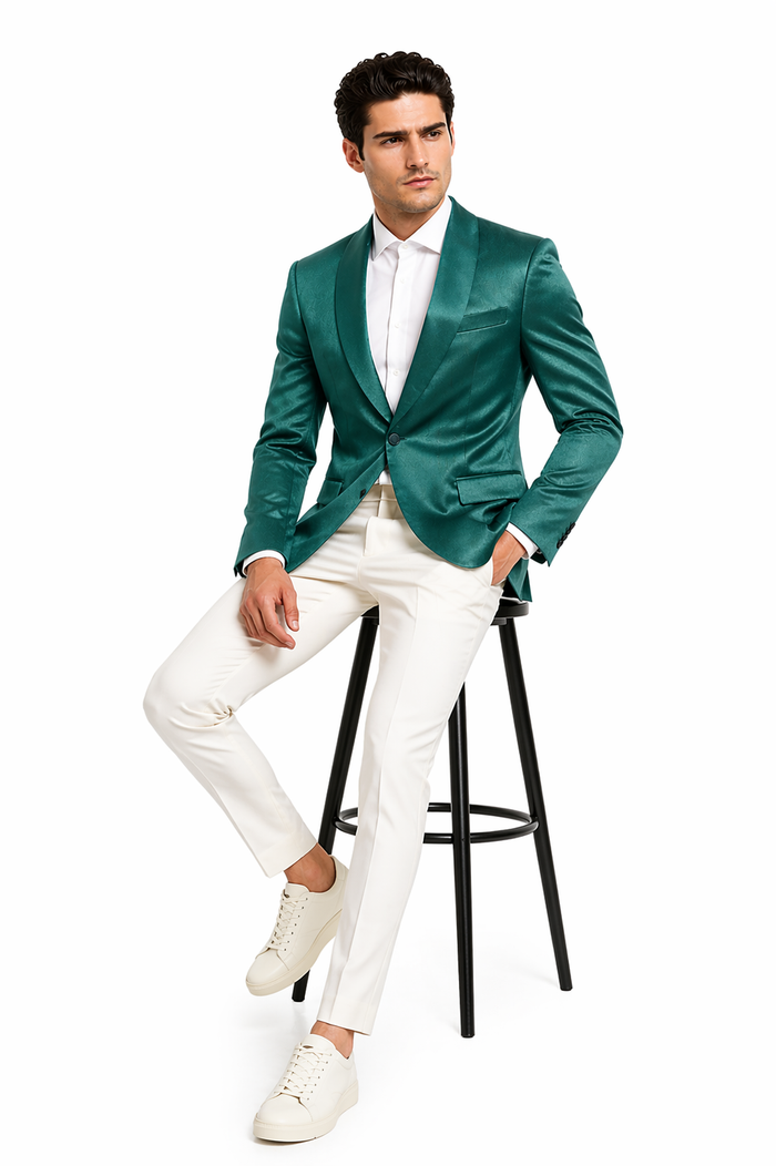 Mens Teal Green Floral Jacquard Blazer  Slim Fit Tuxedo Jacket for Weddings, Proms, and Parties