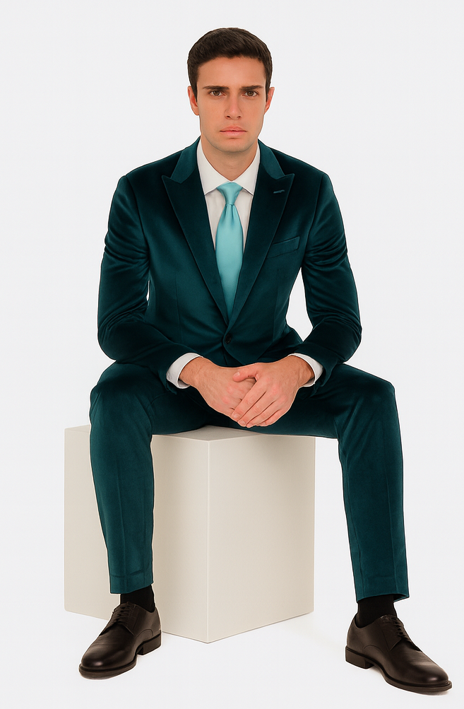Tazzio Mens Teal Velvet Blazer & Trousers  Slim Fit 2-Piece Tuxedo Look