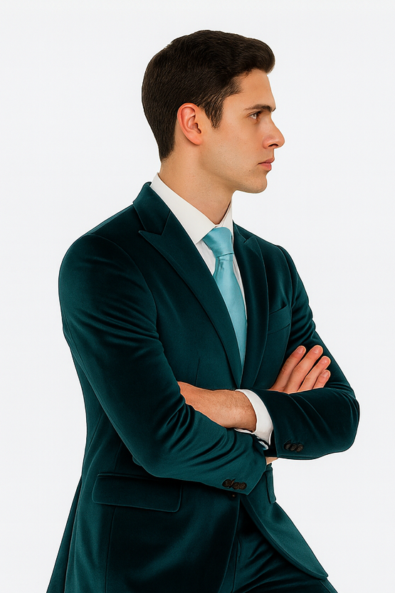 Tazzio Mens Teal Velvet Blazer & Trousers  Slim Fit 2-Piece Tuxedo Look