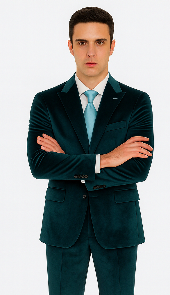 Tazzio Mens Teal Velvet Blazer & Trousers  Slim Fit 2-Piece Tuxedo Look