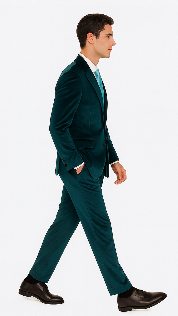 Tazzio Mens Teal Velvet Blazer & Trousers  Slim Fit 2-Piece Tuxedo Look