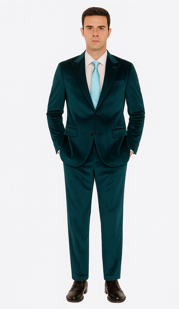 Tazzio Mens Teal Velvet Blazer & Trousers  Slim Fit 2-Piece Tuxedo Look