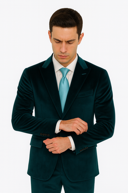 Tazzio Mens Teal Velvet Blazer & Trousers  Slim Fit 2-Piece Tuxedo Look