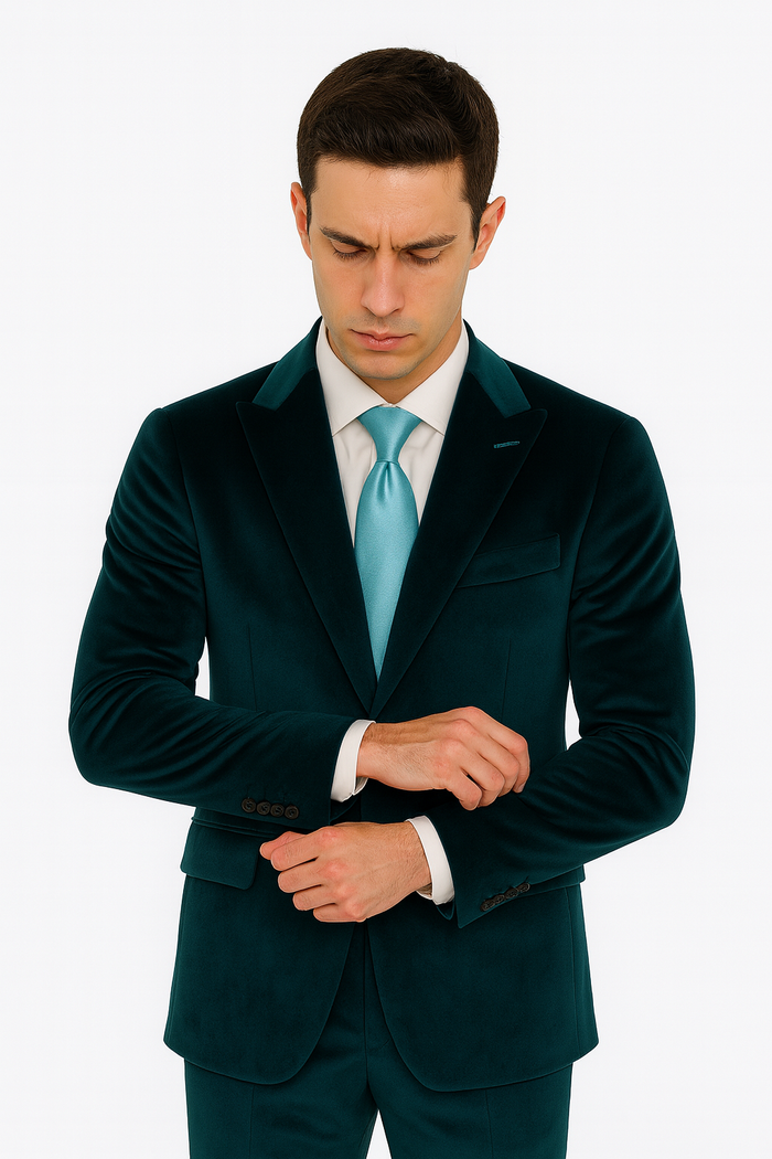 Tazzio Mens Teal Velvet Blazer & Trousers  Slim Fit 2-Piece Tuxedo Look