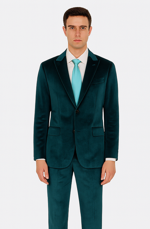 Tazzio Mens Teal Velvet Blazer & Trousers  Slim Fit 2-Piece Tuxedo Look