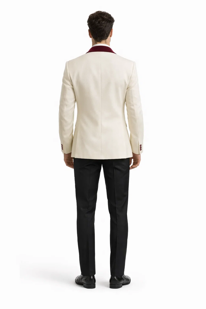 Mens White Floral Tuxedo Jacket with Burgundy Velvet Shawl Lapel  Wedding, Prom, and Formal Event Suit