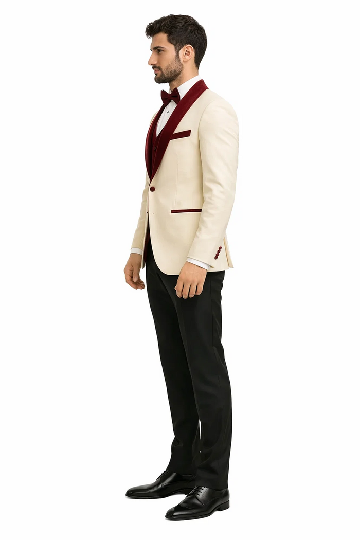Mens White Floral Tuxedo Jacket with Burgundy Velvet Shawl Lapel  Wedding, Prom, and Formal Event Suit