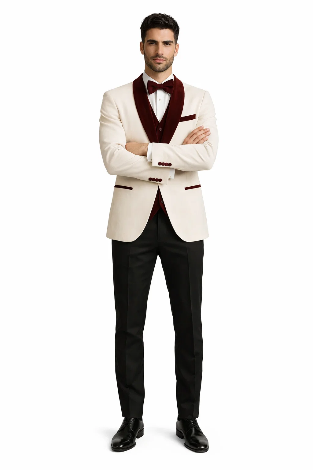 Mens White Floral Tuxedo Jacket with Burgundy Velvet Shawl Lapel  Wedding, Prom, and Formal Event Suit