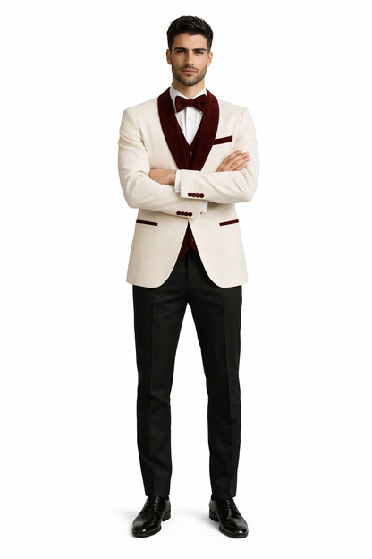 Mens White Floral Tuxedo Jacket with Burgundy Velvet Shawl Lapel  Wedding, Prom, and Formal Event Suit