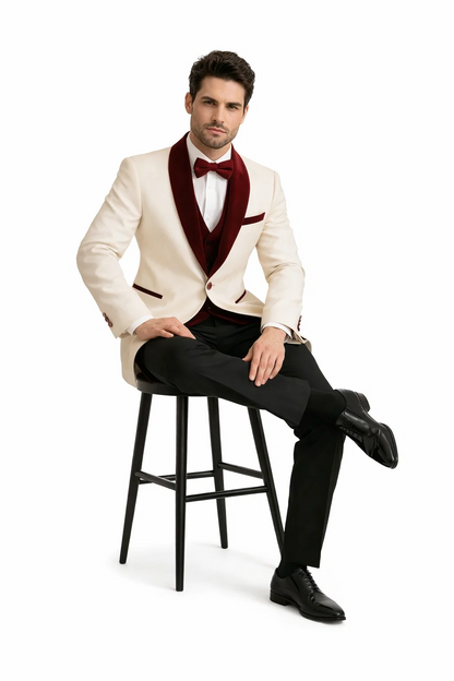 Mens White Floral Tuxedo Jacket with Burgundy Velvet Shawl Lapel  Wedding, Prom, and Formal Event Suit