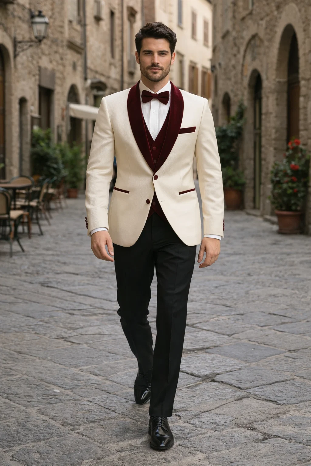 Mens White Floral Tuxedo Jacket with Burgundy Velvet Shawl Lapel  Wedding, Prom, and Formal Event Suit