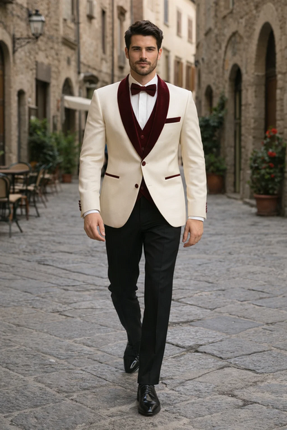 Mens White Floral Tuxedo Jacket with Burgundy Velvet Shawl Lapel  Wedding, Prom, and Formal Event Suit