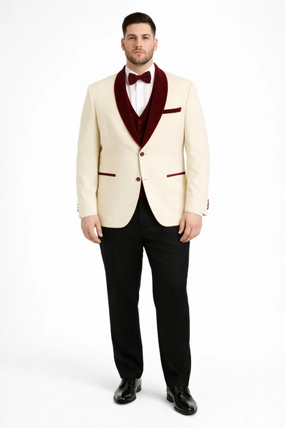 Mens White Floral Tuxedo Jacket with Burgundy Velvet Shawl Lapel  Wedding, Prom, and Formal Event Suit