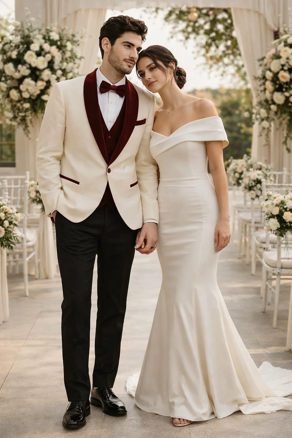 Mens White Floral Tuxedo Jacket with Burgundy Velvet Shawl Lapel  Wedding, Prom, and Formal Event Suit