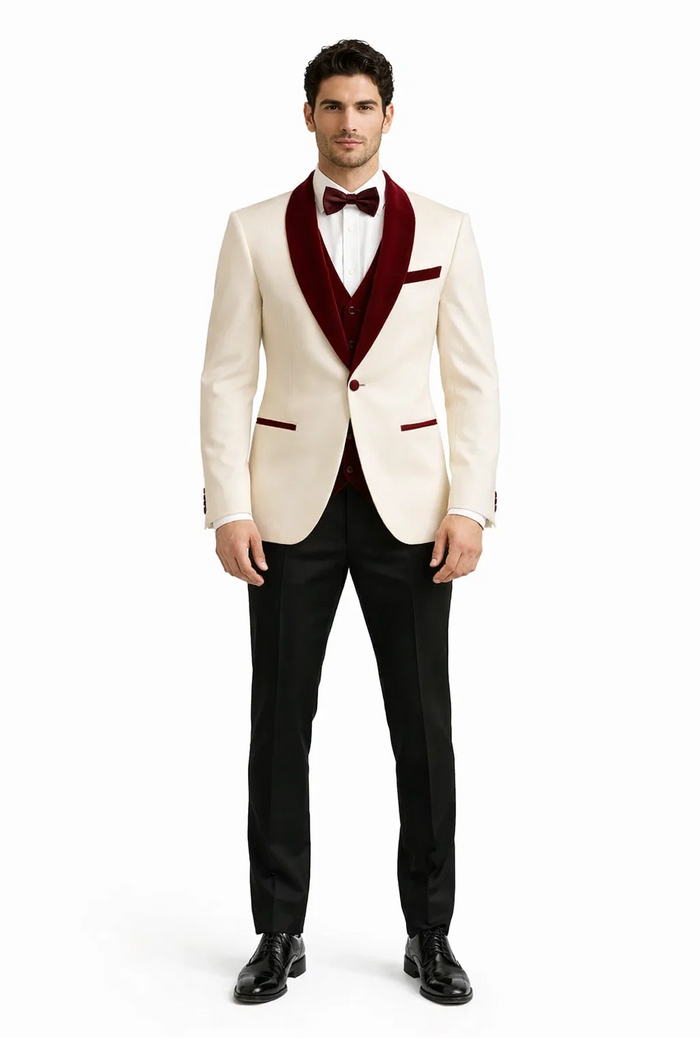 Mens White Floral Tuxedo Jacket with Burgundy Velvet Shawl Lapel  Wedding, Prom, and Formal Event Suit