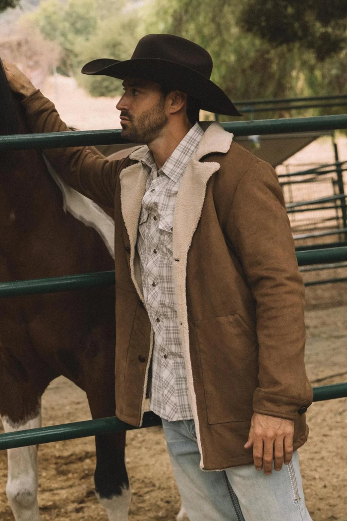 Mens Western Cowboy Long Coat – Brown Faux Suede Frontier Style Jacket