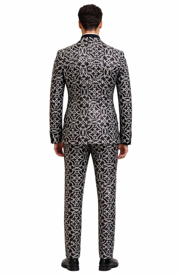Men's Black and Silver Sequin Tuxedo - Slim Fit 2-Piece Party and Wedding Suit with Sparkling Design- Black and White Color