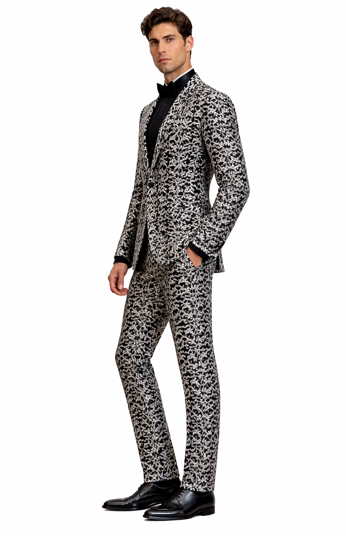 Men's Black and Silver Sequin Tuxedo - Slim Fit 2-Piece Party and Wedding Suit with Sparkling Design- Black and White Color