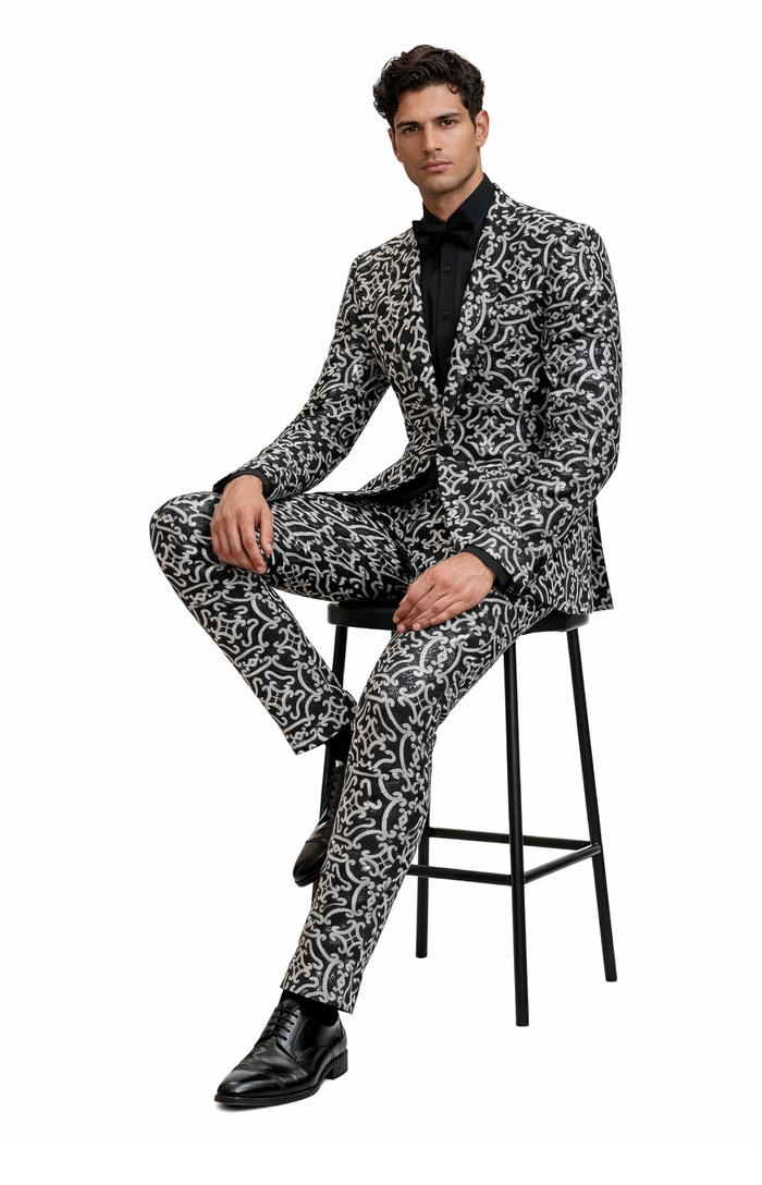 Men's Black and Silver Sequin Tuxedo - Slim Fit 2-Piece Party and Wedding Suit with Sparkling Design- Black and White Color