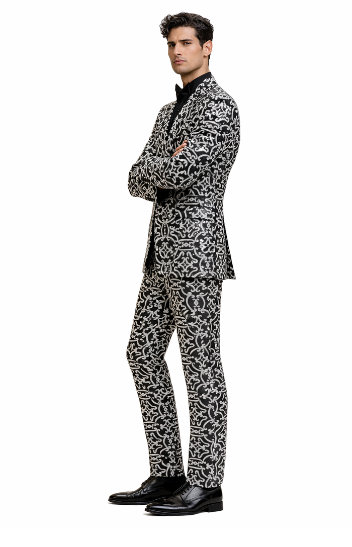 Men's Black and Silver Sequin Tuxedo - Slim Fit 2-Piece Party and Wedding Suit with Sparkling Design- Black and White Color