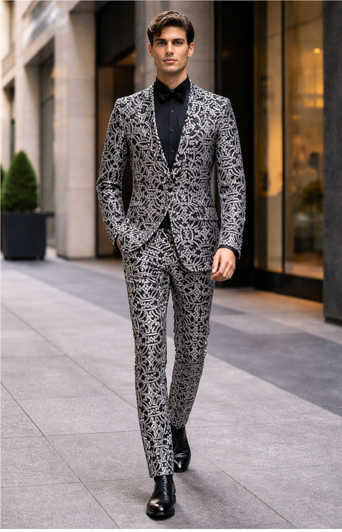 Men's Black and Silver Sequin Tuxedo - Slim Fit 2-Piece Party and Wedding Suit with Sparkling Design- Black and White Color