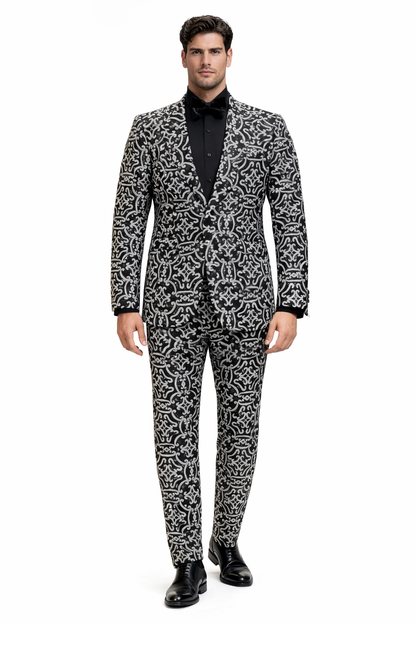Men's Black and Silver Sequin Tuxedo - Slim Fit 2-Piece Party and Wedding Suit with Sparkling Design- Black and White Color