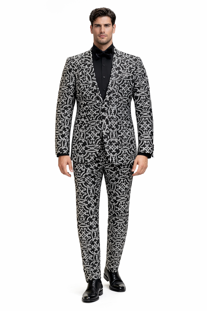 Men's Black and Silver Sequin Tuxedo - Slim Fit 2-Piece Party and Wedding Suit with Sparkling Design- Black and White Color