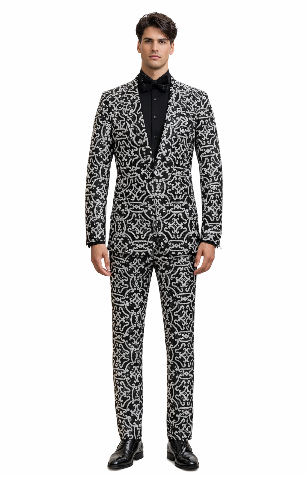 Men's Black and Silver Sequin Tuxedo - Slim Fit 2-Piece Party and Wedding Suit with Sparkling Design- Black and White Color