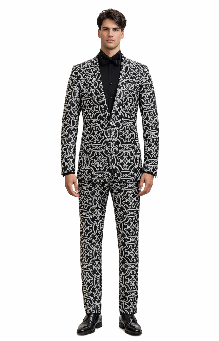 Men's Black and Silver Sequin Tuxedo - Slim Fit 2-Piece Party and Wedding Suit with Sparkling Design- Black and White Color