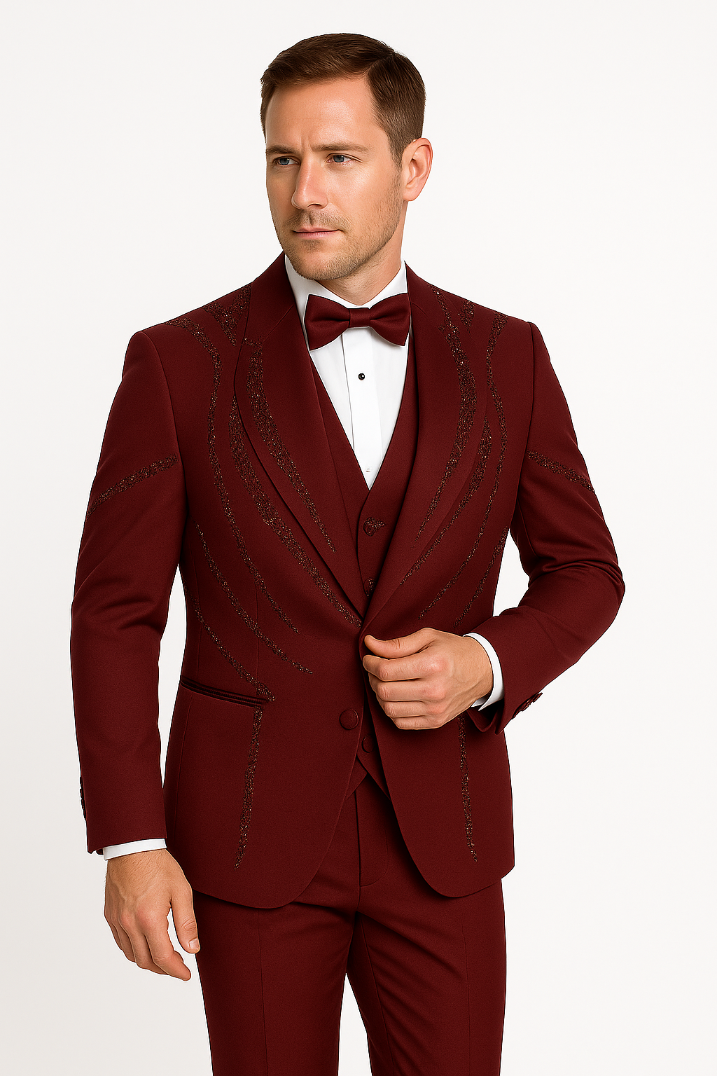 Mens Burgundy Italian Wool 3-Piece Modern Formal Tuxedo