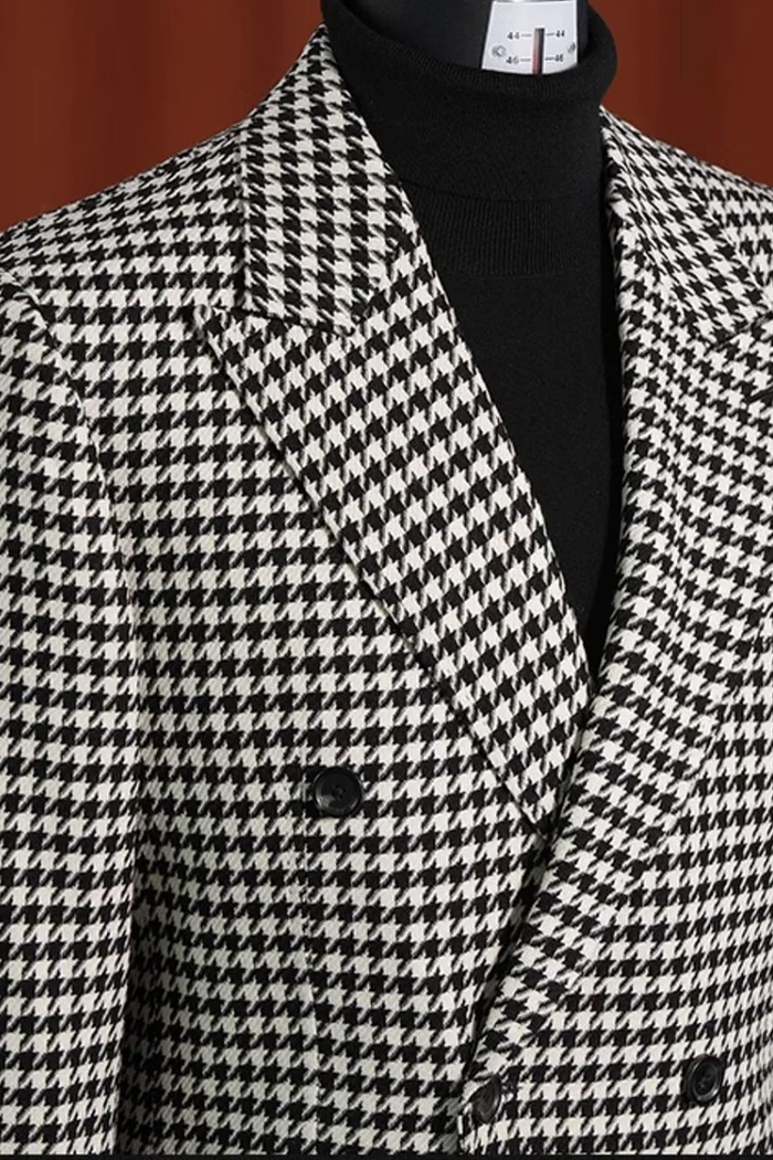Men's Houndstooth Sport Coat - Black & White 100% Wool Modern Fit