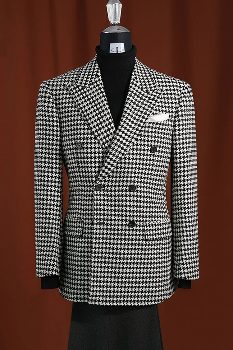 Mens Houndstooth Sport Coat  Black & White 100% Wool Modern Fit