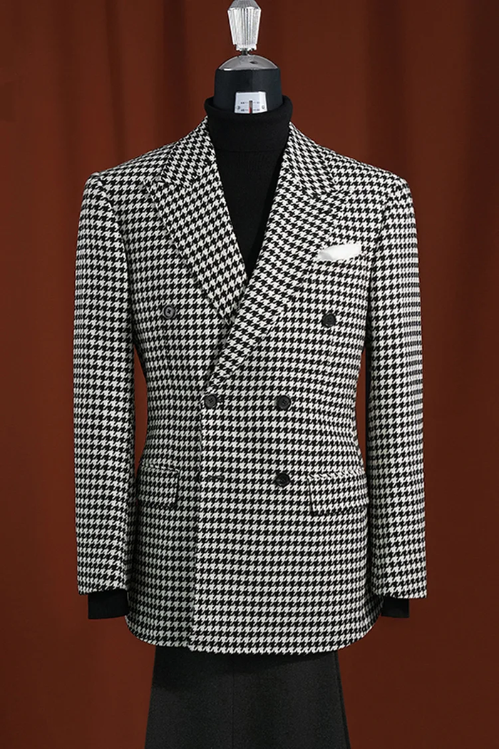Men's Houndstooth Sport Coat - Black & White 100% Wool Modern Fit